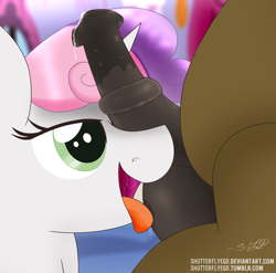 Size: 2760x2724 | Tagged: explicit, artist:shutterflyeqd, button mash, sweetie belle, bedroom eyes, blowjob, cum, dripping cum, female, foalcon, g4, high res, imported from derpibooru, licking, male, nudity, oral, penis, sex, ship:sweetiemash, shipping, straight, tongue out, wet, young