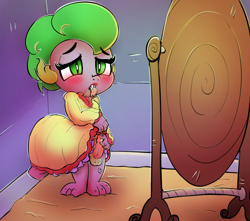 Size: 1700x1500 | Tagged: explicit, artist:ratiodaze, spike, balls, blushing, clothes, crossdressing, cute, dragon, dress, drool, foalcon, frilly dress, g4, imported from derpibooru, lipstick, male, masturbation, mirror, nudity, penis, precum, sissy, solo, solo male, trap