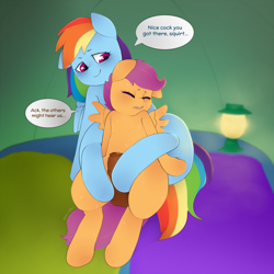 Size: 1280x1280 | Tagged: explicit, artist:oouichi, rainbow dash, scootaloo, balls, camping, dialogue, eyes closed, foalcon, futa, futa on female, futa scootaloo, g4, hind hoofjob, hoof fetish, hoofjob, horsecock, imported from derpibooru, intersex, lantern, lip bite, nudity, penis, precum, ship:scootadash, shipping, smirk, speech bubble, sweat, tent, wingboner