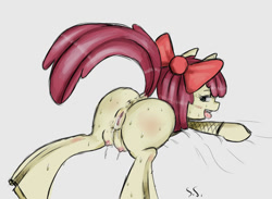Size: 500x366 | Tagged: explicit, apple bloom, anus, artist needed, blushing, crotchboobs, female, foalcon, g4, imported from derpibooru, nipples, nudity, solo, solo female, source needed, sweat, vulva, wet