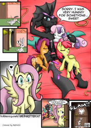 Size: 1240x1748 | Tagged: explicit, artist:anibaruthecat, artist:redoxx, apple bloom, fluttershy, scootaloo, sweetie belle, oc, oc:vesairus, comic:a different sort of pet, angel bunny, anus, armpits, blindfold, blushing, bondage, canon x oc, changeling, changeling oc, cmc foursome, color edit, colored, comic, cum, cumming, cutie mark crusaders, door slam, edit, facial, female, femdom, foalcon, foursome, g4, group sex, imported from derpibooru, licking, male, malesub, masturbation, nudity, open door, oral, orgasm, penis, sex, sex toy, ship:flutterus, shipping, sluttershy, squirting, straight, submissive, tongue out, vibrator, vulva, wingboner