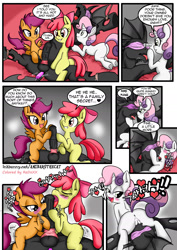 Size: 1240x1748 | Tagged: explicit, artist:anibaruthecat, artist:redoxx, apple bloom, scootaloo, sweetie belle, oc, oc:vesairus, comic:a different sort of pet, anal insertion, anus, armpits, blindfold, bondage, boop, canon x oc, changeling, changeling oc, cmc foursome, color edit, colored, comic, cunnilingus, cutie mark crusaders, edit, female, femdom, foalcon, foaldom, foursome, g4, group sex, implied incest, imported from derpibooru, insertion, kiss on the lips, kissing, leg humping, licking, licking cock, male, malesub, nudity, oral, penis, sex, sex toy, shipping, straight, submissive, tongue out, vibrator, vulva