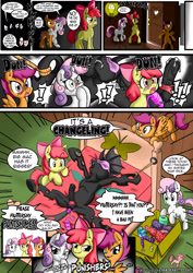 Size: 1240x1748 | Tagged: explicit, artist:anibaruthecat, artist:redoxx, apple bloom, scootaloo, sweetie belle, oc, oc:vesairus, comic:a different sort of pet, anal insertion, armpits, bondage, canon x oc, changeling, changeling oc, cmc foursome, color edit, colored, comic, cutie mark crusaders, edit, female, femdom, foalcon, g4, implied incest, imported from derpibooru, insertion, male, malesub, nudity, penis, shipping, straight, submissive, vulgar