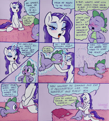 Size: 1108x1225 | Tagged: questionable, artist:dubstepina, rarity, spike, baby dragon on mare, cameltoe, comic, cute, cute porn, dragon, duo, duo male and female, female, foalcon, g4, hentai quotes, imported from derpibooru, interspecies, male, pony, porn dialogue, ship:sparity, shipping, straight, unicorn, vulgar