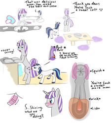Size: 1500x1666 | Tagged: explicit, shining armor, anatomically correct, anonymous artist, anus, blushing, clitoral stimulation, clitoris, close-up, comic, female, foalcon, g4, imported from derpibooru, incest, kitchen, licking, magic, magical stimulation, male, mother and child, mother and son, nudity, ponut, pony, precum, scrunchy face, ship:shiningvelvet, shipping, shocked, tongue out, twilight velvet, unicorn, vulva, vulvar winking
