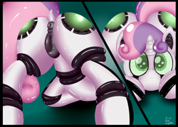 Size: 1280x914 | Tagged: explicit, artist:paulpeopless, sweetie belle, 2 panel comic, anatomically correct, anus, ass up, butt, comic, connerbot, cute, cute porn, dark genitals, dock, face down ass up, female, filly, foal, foalcon, g4, hooves, horn, imported from derpibooru, looking at you, nudity, plot, ponut, pony, presenting, robot, robot pony, solo, solo female, sweetie bot, unicorn, vagina, vulva