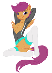 Size: 631x893 | Tagged: explicit, artist:deserter, artist:raithial, scootaloo, anthro, banned from derpibooru, breasts, clothes, color edit, colored, delicious flat chest, derpibooru exclusive, dock, edit, equestria girls outfit, female, foalcon, g4, hoodie, imported from derpibooru, imported from twibooru, legwear, lolicon, looking at you, nipples, nudity, scootaflat, smiling, solo, solo female, spread wings, stockings, thigh highs, underage, vulva, wingboner, wings