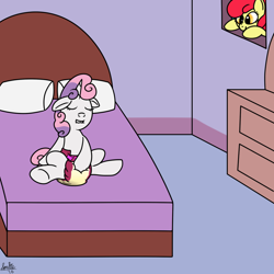 Size: 1000x1000 | Tagged: questionable, artist:spritepony, apple bloom, sweetie belle, clopping, diaper, diaper belle, diaper fetish, earth pony, eyes closed, female, foalcon, g4, implied scootaloo, imported from derpibooru, masturbation, messy diaper, non-baby in diaper, pony, scrunchy face, spying, unicorn, urine, voyeurism, wet diaper