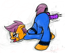 Size: 1348x1098 | Tagged: explicit, artist:fetishsketches, scootaloo, anal insertion, ass up, bodysuit, bondage, bound wings, crying, face down ass up, female, foalcon, g4, imported from derpibooru, insertion, sex toy, solo, solo female, tail wrap, tears of joy, tongue out, vaginal insertion