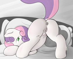 Size: 3001x2425 | Tagged: explicit, artist:mdgusty, sweetie belle, anatomically correct, anus, ass up, bed, bent over, butt, crotchboobs, delicious flat crotch, dock, face down ass up, female, filly, foal, foalcon, g4, high res, imported from derpibooru, looking at you, looking back, looking back at you, nipples, nudity, plot, ponut, pony, presenting, raised tail, solo, solo female, tail, teats, unicorn, vulva