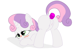 Size: 1280x800 | Tagged: explicit, artist:an-tonio, artist:railphotos, sweetie belle, anal insertion, ass up, blushing, butt, derpibooru exclusive, dildo, dock, face down ass up, female, filly, foal, foalcon, g4, imported from derpibooru, insertion, masturbation, nudity, plot, pony, raised tail, sex toy, simple background, solo, solo female, tail, unicorn, vulva, white background