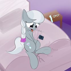 Size: 3200x3200 | Tagged: explicit, silver spoon, anonymous artist, bed, bedroom, blushing, derpibooru exclusive, female, foalcon, g4, high res, imported from derpibooru, leg twitch, masturbation, sex toy, solo, solo female, tongue out, underhoof, vaginal secretions, vibrator