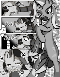 Size: 1807x2318 | Tagged: explicit, artist:jonathan the awesome, oc, oc:jona clay, blowjob, canon x oc, comic, cum, cum in mouth, deepthroat, derpibooru exclusive, foalcon, futa, futa on male, futa trixie, g4, heart, horsecock, imported from derpibooru, intersex, male, monochrome, nudity, oral, penis, sex, shipping, sound effects, text, trixie, x-ray, younger