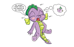 Size: 1519x961 | Tagged: explicit, artist:furryxxi, spike, anus, barb, barbabetes, blushing, cute, cute porn, dragon, eyes closed, female, fingering, foalcon, g4, genitals, imported from derpibooru, japanese, masturbation, moaning, nudity, rule 63, rule63betes, solo, solo female, sound effects, thinking, vaginal secretions, vulva
