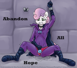 Size: 1500x1327 | Tagged: explicit, grimdark, artist:smudge proof, sweetie belle, abandon all hope, anthro, bondage, breasts, broken horn, cape, clothes, collar, crying, delicious flat chest, fall of equestria, female, flatie belle, foalcon, forced orgasm, g4, horn, imported from derpibooru, kidnapped, latex, looking down, missing horn, rape, sex, sex toy, shackles, sitting, solo, solo female, superhero, sweetie do well, unguligrade anthro, unicorn, vaginal secretion stain, vaginal secretions, vaginal secretions puddle