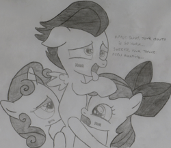 Size: 920x800 | Tagged: explicit, artist:bronbron, apple bloom, sweetie belle, analingus, analingus on male, blowjob, blushing, colt, compliment, dead source, dialogue, female, female on male, female on male analingus, filly, filly on colt, foal, foalcon, g4, group sex, imported from derpibooru, male, monochrome, nudity, oral, penis, pony, pony on pony action, reasonably sized genitals, rumble, sex, sketch, straight, sucked while fucked, threesome, tongue out