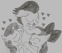 Size: 1150x994 | Tagged: explicit, artist:bronbron, apple bloom, sweetie belle, analingus, analingus on male, blowjob, blushing, colt, dead source, female, filly, filly on colt, foal, foalcon, g4, group sex, imported from derpibooru, male, monochrome, nudity, oral, penis, pony, pony on pony action, reasonably sized genitals, rumble, sex, sketch, straight, sucked while fucked, threesome, tongue out