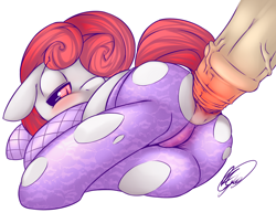 Size: 1280x1035 | Tagged: explicit, artist:florecentmoo, sweetie belle, anal, anal only, artifact, blushing, clothes, female, fishnet stockings, foalcon, g4, imported from derpibooru, legwear, male, nudity, penis, red hair, sadisweetie, sex, simple background, straight, white background