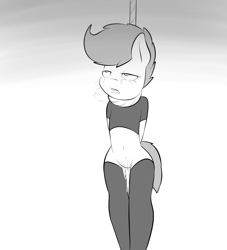 Size: 2000x2200 | Tagged: explicit, grimdark, artist:pinksyrup, scootaloo, aftersex, asphyxiation, belly button, choking, clothes, crying, cum, female, foalcon, g4, hanged, hanging, hanging (by neck), high res, implied straight, imported from derpibooru, legwear, sex slave, socks, solo, solo female, stockings, thigh highs