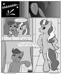 Size: 2100x2500 | Tagged: explicit, artist:riscke, diamond tiara, scootaloo, comic:staying dry, comic, dock, female, foalcon, g4, heart, high res, imported from derpibooru, lesbian, monochrome, orgasm, ship:scootiara, shipping, speech bubble, squirting