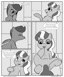 Size: 2100x2500 | Tagged: questionable, artist:riscke, diamond tiara, scootaloo, comic:staying dry, comic, dialogue, female, foalcon, g4, high res, imported from derpibooru, monochrome, open mouth, speech bubble, tongue out