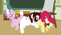 Size: 3500x2052 | Tagged: explicit, artist:sasukex125, apple bloom, diamond tiara, oc, oc:sugar salt, canon x oc, classroom, clitoris, cunnilingus, female, foalcon, g4, high res, imported from derpibooru, lesbian, mare on filly, nudity, oral, sex, shipping, show accurate, show accurate porn, tribadism, vulva, vulvar winking