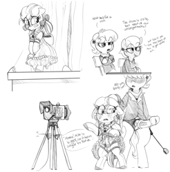 Size: 1809x1839 | Tagged: explicit, artist:whydomenhavenipples, oc, oc:lavender frills, bipedal, boyshorts, camera, clothes, colt, comic, crossdressing, dress, embarrassed, embarrassed underwear exposure, erection, foal, foalcon, frilly underwear, g4, grayscale, heart, heart print underwear, imminent pegging, imminent rape, implied rape, imported from derpibooru, male, monochrome, ms. harshwhinny, nudity, panties, penis, pony, prim hemline, reacting to nudity, riding crop, sex toy, skirt, skirt boner, strapon, trap, underwear