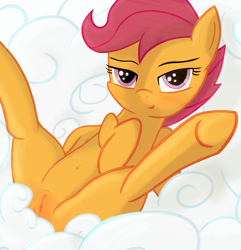 Size: 1200x1244 | Tagged: explicit, artist:sadieyule, scootaloo, bedroom eyes, belly button, blushing, clitoris, cloud, female, filly, foal, foalcon, g4, imported from derpibooru, looking at you, nudity, pegasus, pony, presenting, smiling, solo, solo female, spread legs, spreading, underhoof, vulva