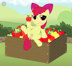 Size: 2801x2564 | Tagged: explicit, artist:sasukex125, apple bloom, anus, apple, belly button, clitoris, earth pony, female, filly, foal, foalcon, food, g4, high res, imported from derpibooru, nudity, ponut, pony, show accurate, show accurate porn, smiling, solo, solo female, spread legs, spreading, vagina, vulva, vulvar winking