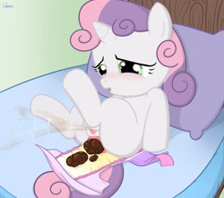 Size: 3400x3000 | Tagged: explicit, grotesque, artist:unistar, sweetie belle, anus, bed, blushing, cum, cumming, diaper, female, female ejaculation, fetish, filly, foal, foalcon, g4, high res, implied straight, imported from derpibooru, messy, nudity, open diaper, orgasm, pony, poop, pooping, scat, show accurate, show accurate porn, solo, solo female, squirting, sweetie poo, turtleheading, unicorn, urine, vagina, vulva, watersports, wet diaper