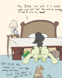 Size: 720x906 | Tagged: explicit, artist:happy harvey, button mash, oc, oc:anon, oc:filly anon, anus, ass up, bed, bedroom, butt, female, filly, foal, foalcon, g4, horsecock, imminent rape, implied rape, imported from derpibooru, nudity, penis, phone drawing, plot, ponut, raised tail, tail, tricked, unaware, vagina, wink