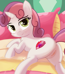 Size: 1265x1439 | Tagged: explicit, artist:sadieyule, sweetie belle, anus, bed, cutie mark, female, foalcon, g4, imported from derpibooru, looking at you, nudity, pony, solo, solo female, the cmc's cutie marks, unicorn, vulva