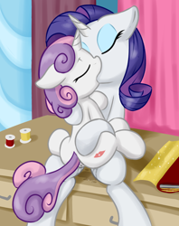 Size: 1190x1500 | Tagged: explicit, artist:fearingfun, rarity, sweetie belle, age difference, anus, butt kiss, duo, duo female, edit, eyes closed, female, filly, floppy ears, foal, foalcon, g4, implied butt kissing, imported from derpibooru, incest, kiss mark, kiss on the lips, kissing, lesbian, mare, mare on filly, nudity, ponut, pony, raricest, ship:raribelle, shipping, siblings, sisters, sitting, unicorn, vaginal secretions