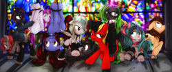 Size: 2048x858 | Tagged: explicit, artist:darkstylerz, oc, oc:burning ice, oc:clear skies, oc:darkstyle, oc:flower (darkstylerz), oc:misery raven, oc:sable sharp, oc:scarlet sound, oc:steam gear, anus, bell, bell collar, black magic, blue eyes, bondage, branding, butt, captive, chains, clothes, collar, crotchboobs, cum, cutie mark, cyan eyes, dark, dead source, dildo, domination, drama, earth pony, female, foalcon, forced, frog (hoof), from behind, genitals, glasses, gray eyes, green eyes, group sex, heart, hoof fetish, hoof licking, imported from derpibooru, leash, leather, leg warmers, legwear, lesbian, looking at you, magic, messy mane, nipples, nudity, oc only, orgy, party horn, pegasus, penetration, plot, pony, purple eyes, red eyes, rope, rope bondage, rule 63, sex, sex toy, sitting, source needed, stained glass, strapon, teats, underhoof, unicorn, upside down, vaginal, vaginal secretions, vulva, yellow eyes