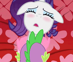 Size: 424x360 | Tagged: questionable, artist:dubstepina, rarity, spike, age difference, animated, blushing, carousel boutique, clothes, dragon, dragon on pony action, duo, duo male and female, edit, female, foalcon, g4, imported from derpibooru, interspecies, male, mare, offscreen sex, pony, robe, sex, ship:sparity, shipping, show accurate, show accurate porn, softcore, straight, unicorn, wingless spike