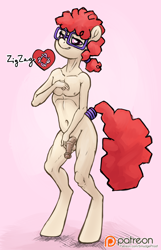 Size: 965x1500 | Tagged: explicit, artist:smudge proof, anthro, balls, belly button, foalcon, g4, glasses, imported from derpibooru, looking at you, male, nipples, nudity, patreon, patreon logo, penis, rule 63, solo, solo male, tail wrap, topless, twist, unguligrade anthro