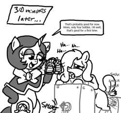 Size: 640x600 | Tagged: explicit, artist:ficficponyfic, oc, oc:emerald jewel, oc:joyride, adult, bottle, child, colt, colt quest, cum, cumming, faucet, female, femboy, foal, foalcon, fucking machine, horn, imported from derpibooru, machine, male, mare, milking device, milking machine, oc only, penis milking, pimp, pony, sex toy, story included, tongue out, trap, unicorn, vibrator