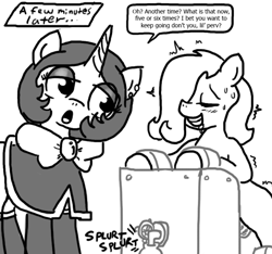 Size: 640x600 | Tagged: explicit, artist:ficficponyfic, oc, oc:emerald jewel, oc:joyride, adult, bottle, child, colt, colt quest, cum, cumming, drool, emanata, eyes closed, faucet, female, femboy, foal, foalcon, fucking machine, horn, imported from derpibooru, machine, male, manacles, mare, milking device, milking machine, nudity, oc only, orgasm, penis milking, pimp, pony, restraints, sex, shaking, shipping, sweat, trap, unicorn