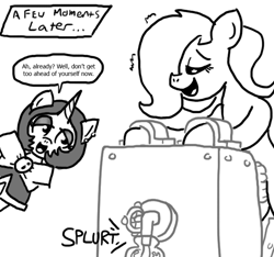 Size: 640x600 | Tagged: explicit, artist:ficficponyfic, oc, oc:emerald jewel, oc:joyride, adult, ahegao, bottle, child, colt, colt quest, cum, faucet, female, femboy, foal, foalcon, fucking machine, horn, imported from derpibooru, machine, male, mare, milking device, milking machine, oc only, onomatopoeia, orgasm, penis milking, pimp, pony, sex, shipping, shuddering, sound effects, splurt, unicorn