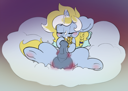 Size: 1890x1350 | Tagged: explicit, artist:ratiodaze, oc, oc:sweet dreams, autofacial, balls, blushing, cloud, cum, cum on body, cum on horn, cum on self, doll, ear fluff, eyes closed, facial, femboy, flared, floppy ears, foalcon, frown, gradient background, hoof fluff, horn, horsecock, imported from derpibooru, magic, magical stimulation, magicjob, male, medial ring, molestation, nudity, oc only, on back, penis, pillow, plushie, pony, shivering, sleeping, solo, solo male, somnophilia, spread legs, spreading, stallion, toy, underhoof, unicorn