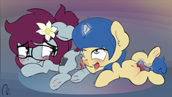 Size: 3001x1690 | Tagged: explicit, artist:ratiodaze, oc, oc:kit bash, oc:winter lily, anus, blushing, cute, cute porn, female, females only, floppy ears, foalcon, glasses, imported from derpibooru, nudity, oc only, orgasm, ponut, sex toy, underhoof, vagina, vaginal secretions, vibrator