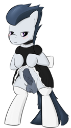 Size: 630x1130 | Tagged: explicit, artist:mired, balls, clothes, crossdressing, foalcon, g4, imported from derpibooru, maid, male, nudity, penis, rumble, socks, solo, solo male