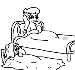 Size: 640x600 | Tagged: questionable, artist:ficficponyfic, oc, oc:emerald jewel, oc:hope blossoms, bed, bedroom, blanket, colt, colt quest, cum stain, female, foal, foalcon, imported from derpibooru, male, mare, mattress, nervous, nervous smile, oc only, pillow, pony, story included