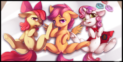 Size: 2000x1010 | Tagged: explicit, artist:xennos, apple bloom, scootaloo, sweetie belle, apple bloom's bow, belly, belly button, bow, butt, clitoris, cutie mark crusaders, earth pony, female, females only, filly, foal, foalcon, frog (hoof), g4, hair bow, horn, human vulva on pony, imported from derpibooru, looking at you, lying down, nudity, on back, pegasus, plot, pony, presenting, presenting pussy, spread legs, spread wings, spreading, underhoof, unicorn, vulva, wings