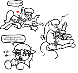 Size: 640x600 | Tagged: explicit, artist:ficficponyfic, oc, oc:emerald jewel, oc:hope blossoms, adult, anatomically correct, anus, colt, colt quest, desire, female, femboy, foal, foalcon, gasp, genitals, heart, heart eyes, imported from derpibooru, leg twitch, lust, male, mare, moaning, nudity, oc only, oral, penis, pleasure, pony, precum, sex, shipping, straight, straight shota, trap, twitching, vaginal secretions, vulva, wingding eyes