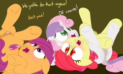 Size: 1280x768 | Tagged: explicit, artist:dtcx97, apple bloom, scootaloo, sweetie belle, aftersex, anatomically correct, anus, blushing, bow, clitoris, cutie mark, cutie mark crusaders, dialogue, dock, earth pony, female, filly, foal, foalcon, g4, hair bow, imported from derpibooru, legs in air, nudity, open mouth, pegasus, ponut, pony, puffy vulva, the cmc's cutie marks, underhoof, unicorn, vagina, vaginal secretions, vulva