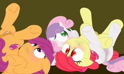 Size: 1280x768 | Tagged: explicit, artist:dtcx97, apple bloom, scootaloo, sweetie belle, aftersex, anatomically correct, anus, blushing, cutie mark, cutie mark crusaders, earth pony, female, filly, foal, foalcon, g4, imported from derpibooru, nudity, pegasus, ponut, pony, the cmc's cutie marks, unicorn, vagina, vaginal secretions, vulva