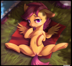 Size: 1400x1281 | Tagged: explicit, artist:xennos, scootaloo, bedroom eyes, belly, belly button, drool, drool string, female, filly, floppy ears, foal, foalcon, g4, human vulva on pony, imported from derpibooru, looking at you, lying down, nudity, on back, pegasus, pony, solo, solo female, spread legs, spread wings, spreading, underhoof, vulva, wings