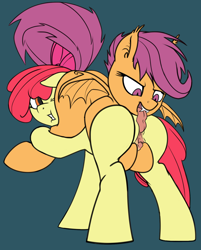 Size: 1246x1551 | Tagged: explicit, artist:ponypeon, apple bloom, scootaloo, bat pony, cunnilingus, edit, fangs, female, foalcon, g4, imported from derpibooru, lesbian, nudity, on top, oral, pony, race swap, scootabat, sex, ship:scootabloom, shipping, tongue out, urethra, vagina, vulva, vulvar winking