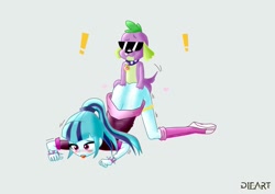 Size: 1169x828 | Tagged: explicit, artist:dieart77, sonata dusk, spike, all fours, aroused, ass up, bestiality, blushing, clothed sex, clothes, collar, cum, dog, dog collar, doggy style, duo, equestria girls, exclamation point, face down ass up, female, foalcon, from behind, g4, gray background, heart, human, humping like there's no tomorrow, imported from derpibooru, interspecies, male, panties, panties pulled down, penetration, ponytail, sex, ship:spinata, shipping, simple background, spike gets all the equestria girls, spike the dog, spike's dog collar, straight, sunglasses, tongue out, underwear, vaginal